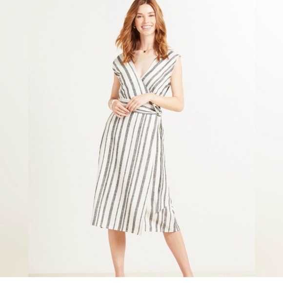 Evereve Clara Wrap Sleeveless Linen Blend Black Cream Striped Midi Dress Sz L - Picture 2 of 13